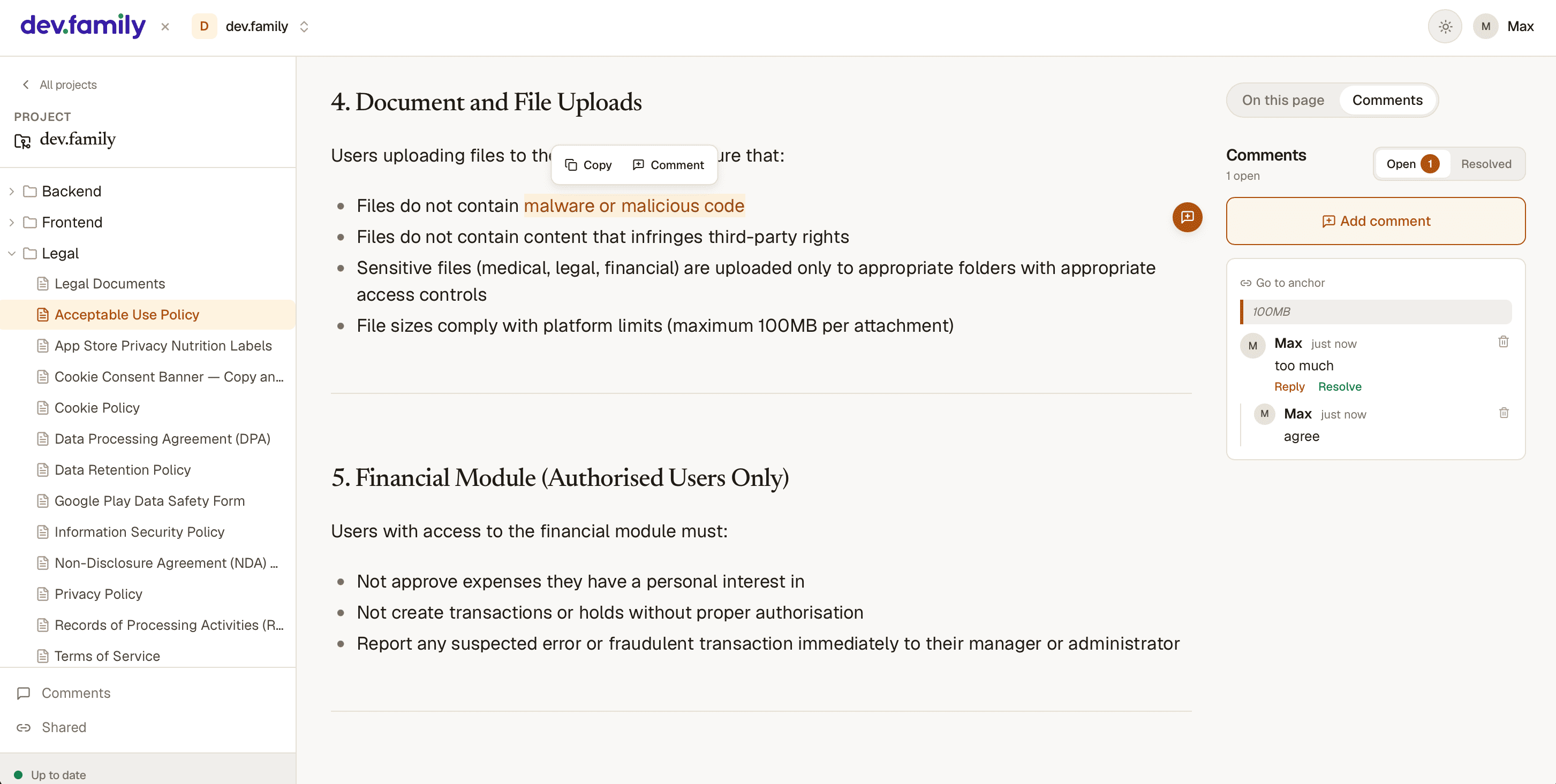 A Miradorly portal: a repo's markdown rendered as a doc, with a client comment thread on the right and a role-aware MCP connection